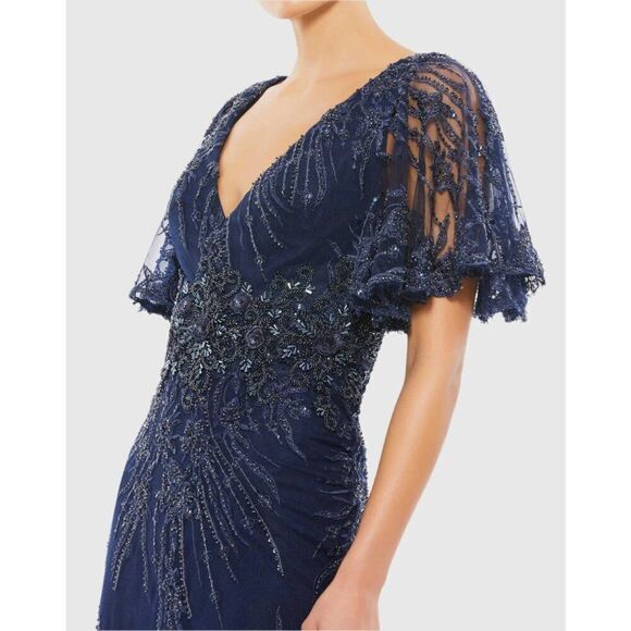 Mac Duggal Size 16 Dark Blue Floral Flutter Sleeve Evening Long Maxi Gown Dress - Picture 3 of 4